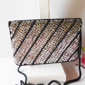 Vintage Sequin Handbag, Silver Black Beaded Bag, Sparkly Clutch Bag, Party Bag, Cocktail Purse, EB-0685