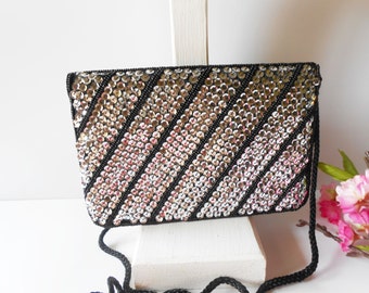 Vintage Beaded Sequin Clutch Bag, Black Silver Party Purse