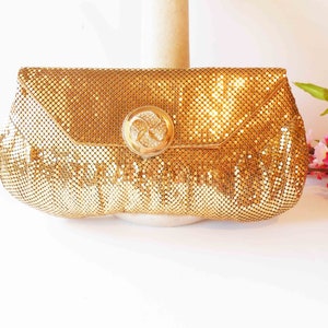 Vintage Gold Mesh Evening Bag, Whiting Davis Luxury Handbag, Glamorous Gold Clutch Bag EB-0669