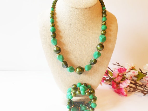 1950s Green Jewelry Set, Necklace Bracelet Set, G… - image 7