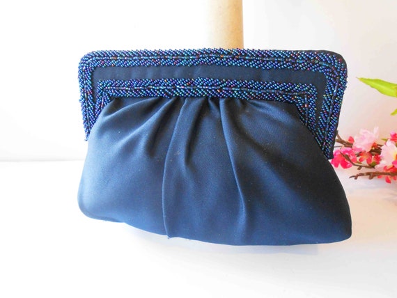 Vintage Blue Beaded Handbag, Blue Bead Clutch Pur… - image 8