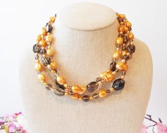 Vintage Orange Translucent Brown Bead Necklace, Triple Strand