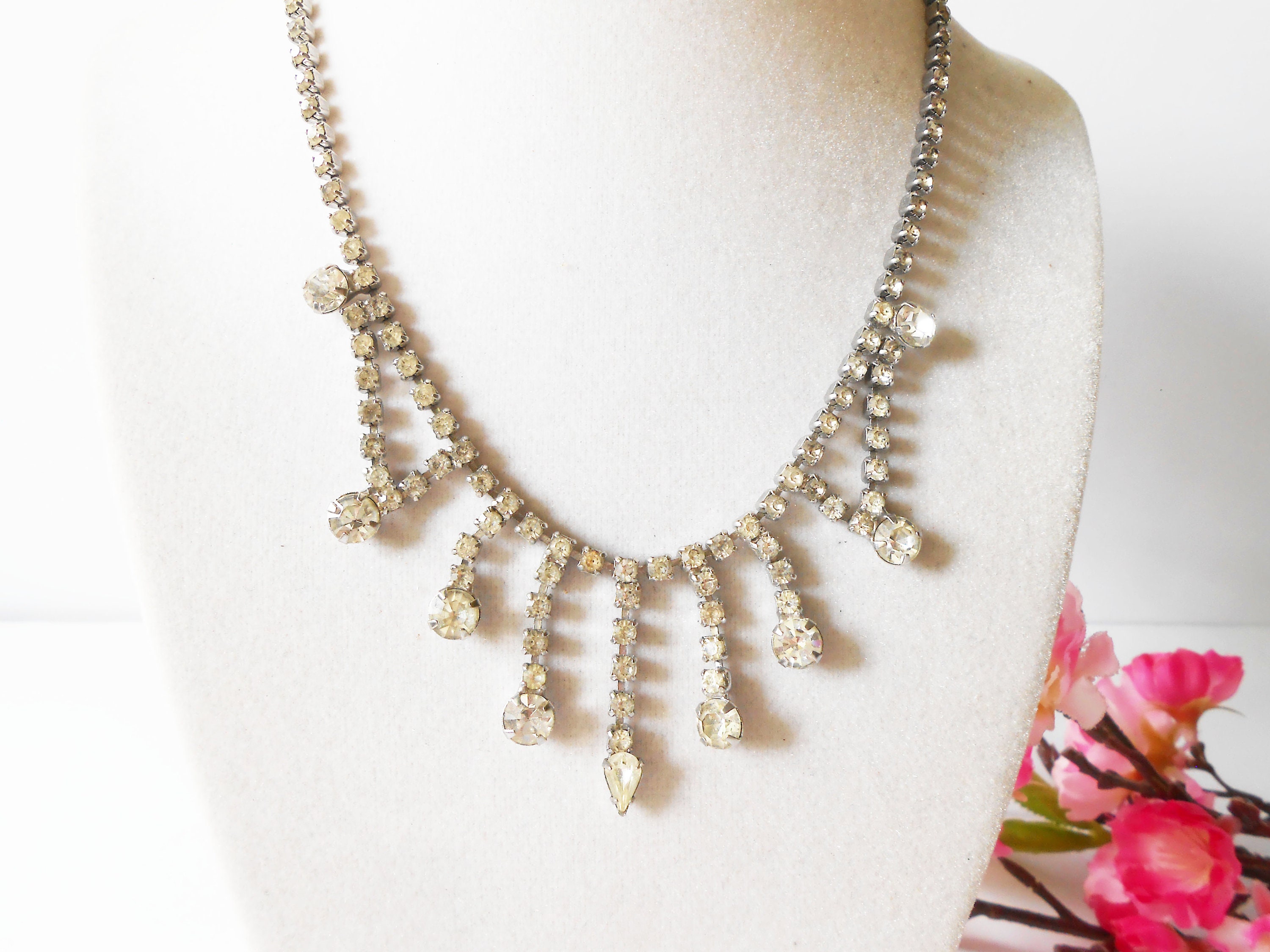 ネックレス・ペンダント VINTAGE HOLLYWOOD Crystal n Ball Necklace 4BFK498 1950's Rhinestone Necklace, Glamorous Rhinestone Drop