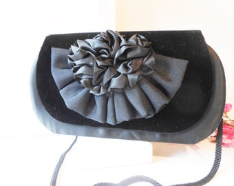 Black Velvet Satin Evening Bag, Vintage Velvet Purse, Black Velvet Clutch Bag, Special Occasion, EB-0555