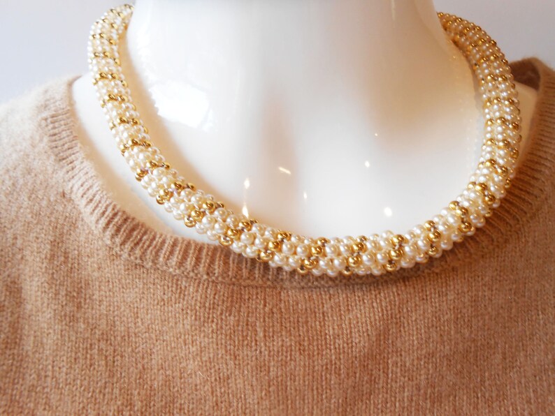 Vintage Pearl Choker Necklace, Gold Bead Rope, 16.5 Inch image 3