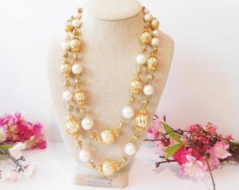 Pearl Necklace Gold Filigree, Double Strand