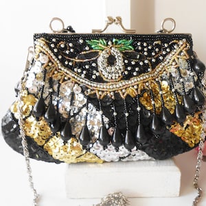 Beaded Evening Bag Black Gold, Sparkly Beaded Handbag, Special Occasion Bag, After-Five Purse,  Glamorous Handbag EB-0466