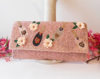 Pink Beaded Clutch Bag, Floral Accents, Prom Purse, Formal Pink Clutch, Mother Bride Bag, Special Occasion Bag EB-0756