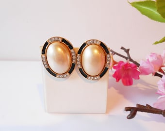 Vintage Pearl Earrings,  Stunning Carolee Clip On Earrings, Pearl Cabochon Rhinestones and Black Enamel