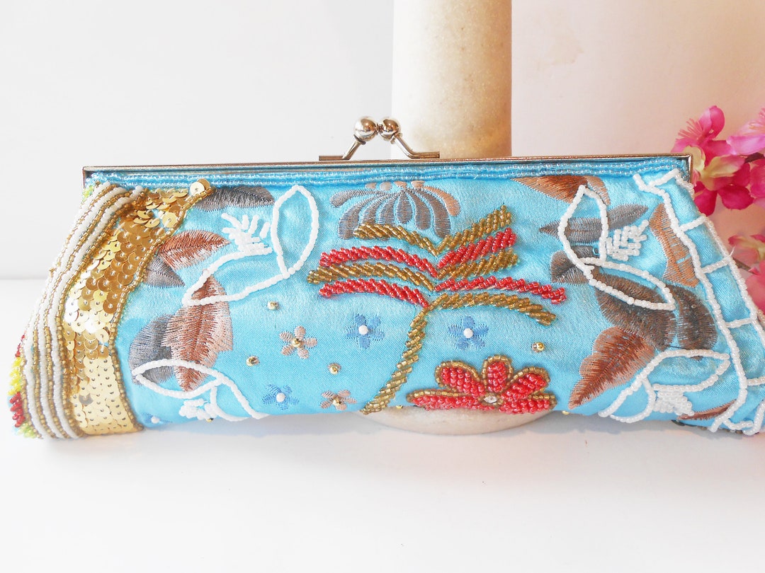 Aqua Beaded Embroidery Clutch Bag, Colorful Bead Evening Bag, Special Occasion Bag, Summer