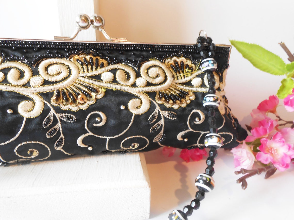 Vintage Black Evening Bag With Embroidery and Beads Glamorous Etsy