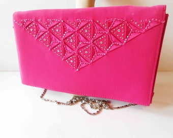 Raspberry Beaded Evening Bag, Bright Pink Beaded Clutch Handbag, Special Occasion Bag, Mother Bride Purse  EB-0523