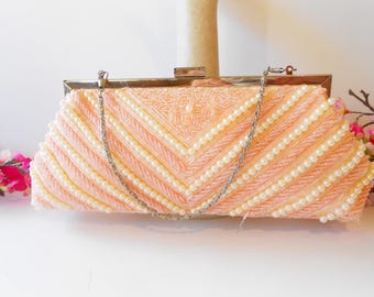 Vintage Pink Beaded Evening Bag, Pink and Pearl Clutch EB-0623