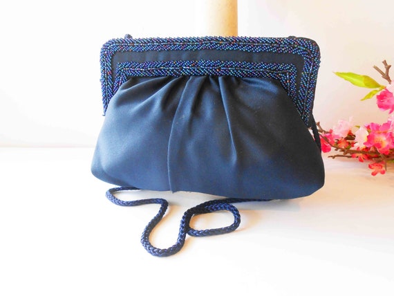 Vintage Blue Beaded Handbag, Blue Bead Clutch Pur… - image 1