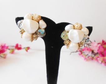 Vintage Pearl and Bead Earrings, Clip-On Earrings