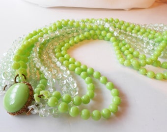 1950's Green Bead Necklace, Seven Strand Necklace, Green Necklace Spring Summer, Vintage Green Beads