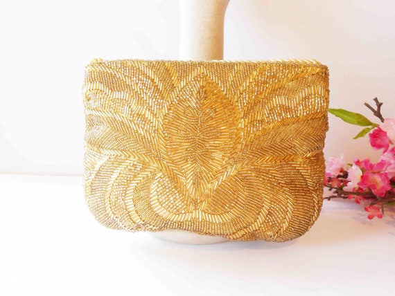 Vintage Gold Beaded Clutch Bag, Sparkly Gold Even… - image 6