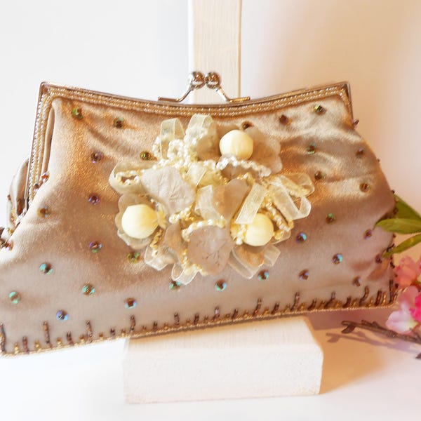 Taupe Beaded Clutch Evening  Bag, Taupe Beaded Bag, Mother of Bride Groom Bag, Special Occasion Bag    EB-0183