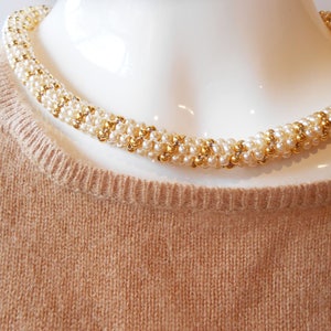 Vintage Pearl Choker Necklace, Gold Bead Rope, 16.5 Inch image 2
