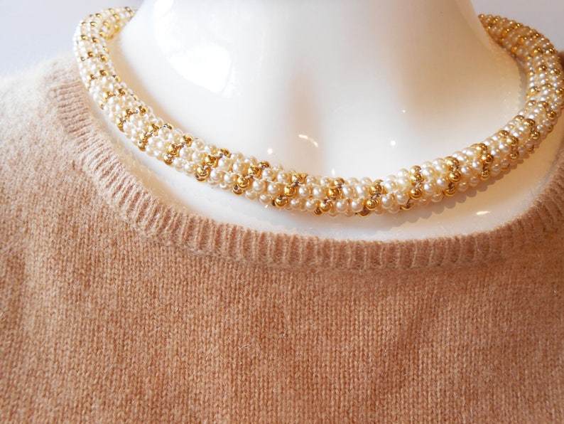 Vintage Pearl Choker Necklace, Gold Bead Rope, 16.5 Inch image 2