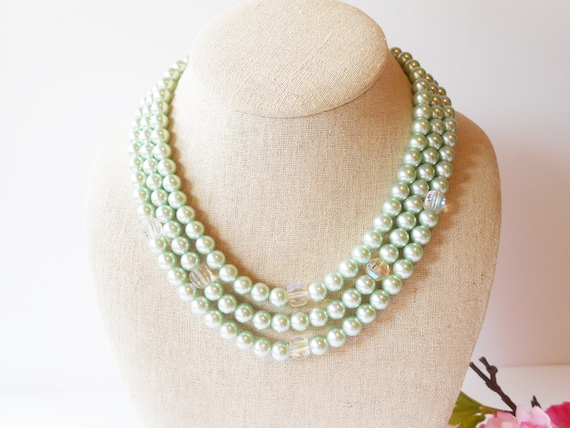 Vintage Mint Green Pearl Necklace, Rhinestone Clasp, Triple Strand