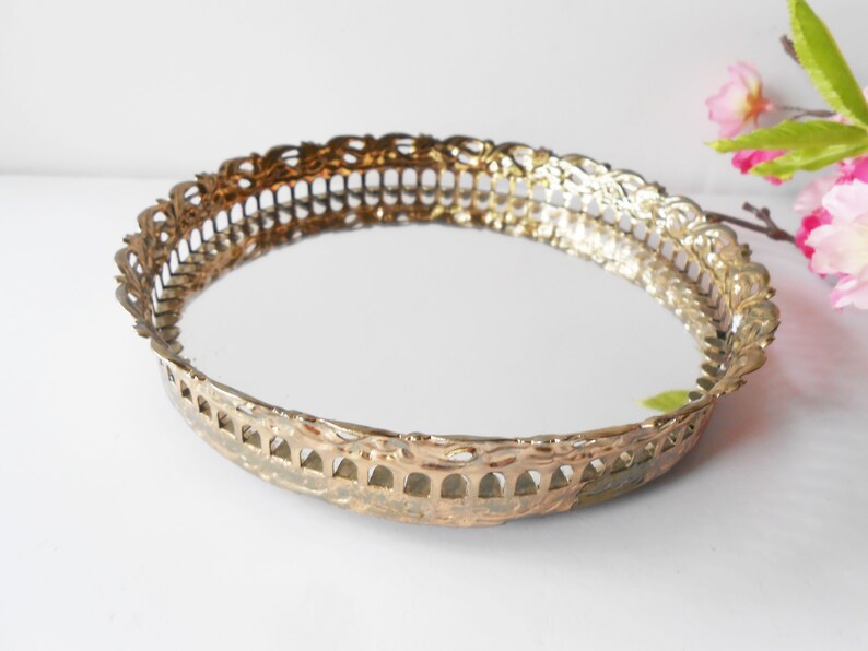 Vintage Round Mirror Tray Vanity Accessory Glamorous Image 0