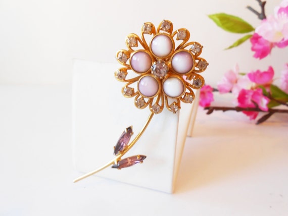 ON SALE Sparkly Lavender Rhinestone Triple Flower Brooch!