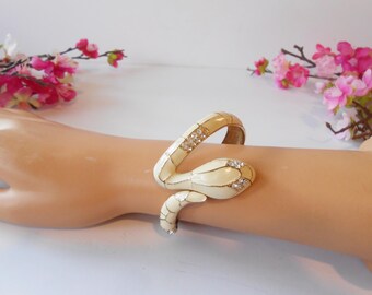 Vintage White Snake Bracelet, Hinged Cuff Bracelet