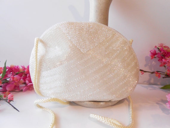 White Beaded Wedding Purse, Iridescent Beaded Clu… - image 1