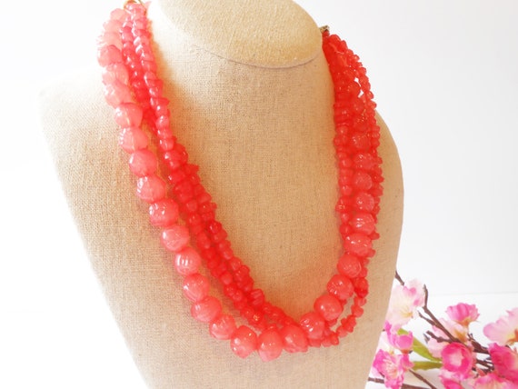 Watermelon Red Bead Necklace, 5 Strand Necklace, … - image 5