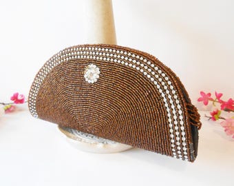 Copper Beaded Evening Bag, Rhinestone Accent Clutch EB-0736