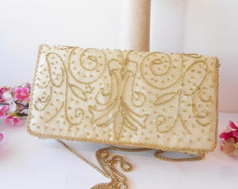 Vintage Gold Beaded Evening Bag, Beaded Clutch, EB-0646