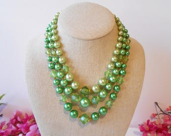 1950s Green Bead Necklace, Triple Strand