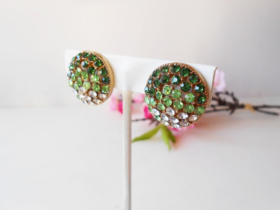 Vintage Green Rhinestone Earrings, Glamorous Gree… - image 2