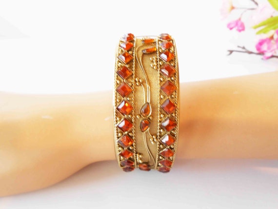 Vintage Hinged Cuff Bracelet, Gold Topaz Glass Beads