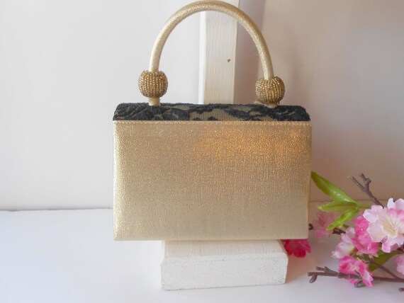 Gold Evening Bag Black Lace Trim, Small Gold Bead… - image 3