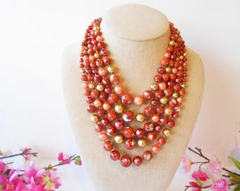Vintage Red Gold Bead Necklace, Five Strand