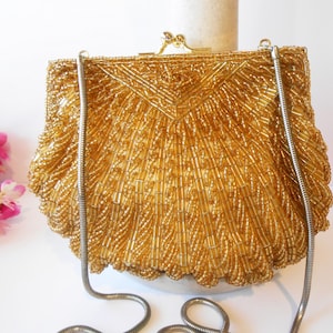 Gold Beaded Clamshell Evening Bag: Vintage Cocktail Clutch