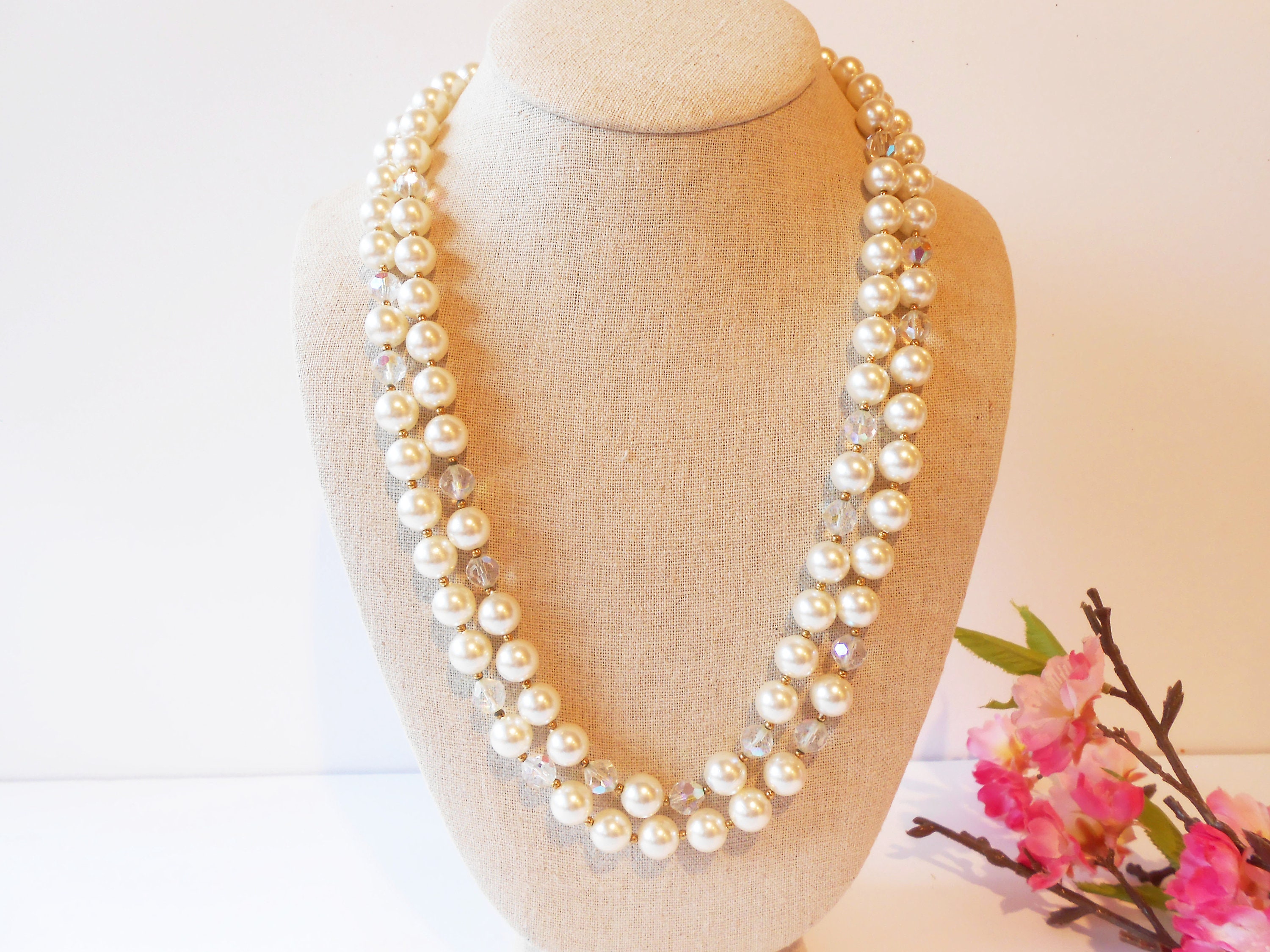 【VINTAGE HOLLYWOOD】Pearl n Crystal Beads Necklace VINTAGE HOLLYWOOD】Pearl n Crystal Beads Necklace