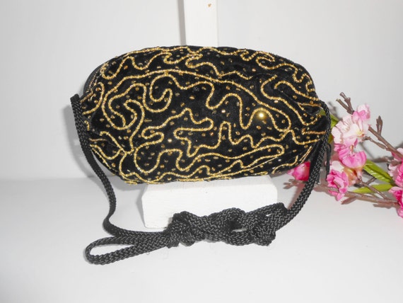 Vintage Black Evening Bag, Gold and Black Pouch H… - image 5