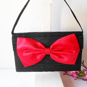 Vintage Black Evening Bag with Red Bow, Statement Purse, Special Occasion Bag, Party Bag EB-0333