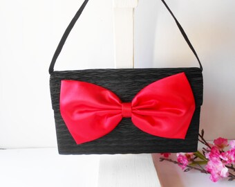 Vintage Black Taffeta Evening Bag, Red Satin Bow, Party Purse