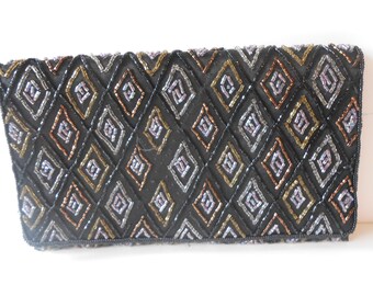 Beaded Evening Clutch, Black Gold Silver, Cocktail Purse