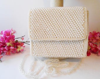 Vintage Pearl Beaded Bridal Clutch, White Wedding Purse