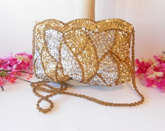 Vintage Beaded Clutch Bag, Gold Silver Beading EB-0257