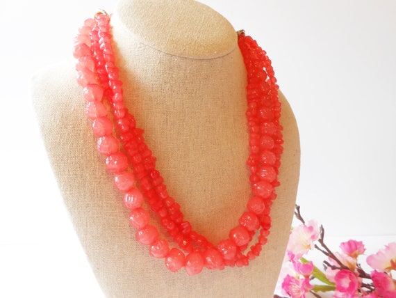 Watermelon Red Bead Necklace, 5 Strand Necklace, … - image 7