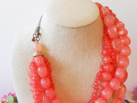 Watermelon Red Bead Necklace, 5 Strand Necklace, … - image 6
