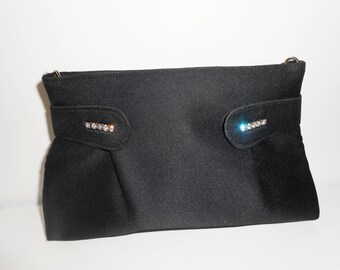 Vintage Black Taffeta Clutch, Rhinestone Evening Bag
