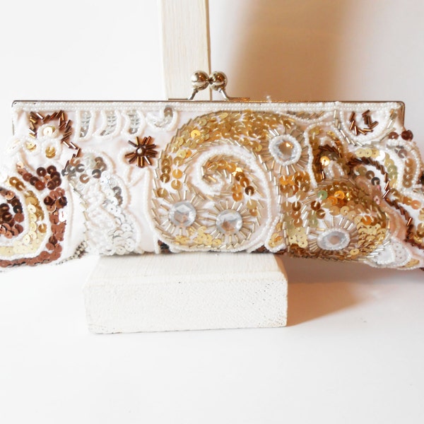 White Beaded Evening Bag, Vintage Clutch Bag,  Neutral Beaded Purse, Daytime Beaded Purse EB-0726
