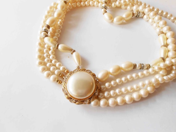 Vintage Five Strand Faux Pearl Necklace, Rhinestone Statement